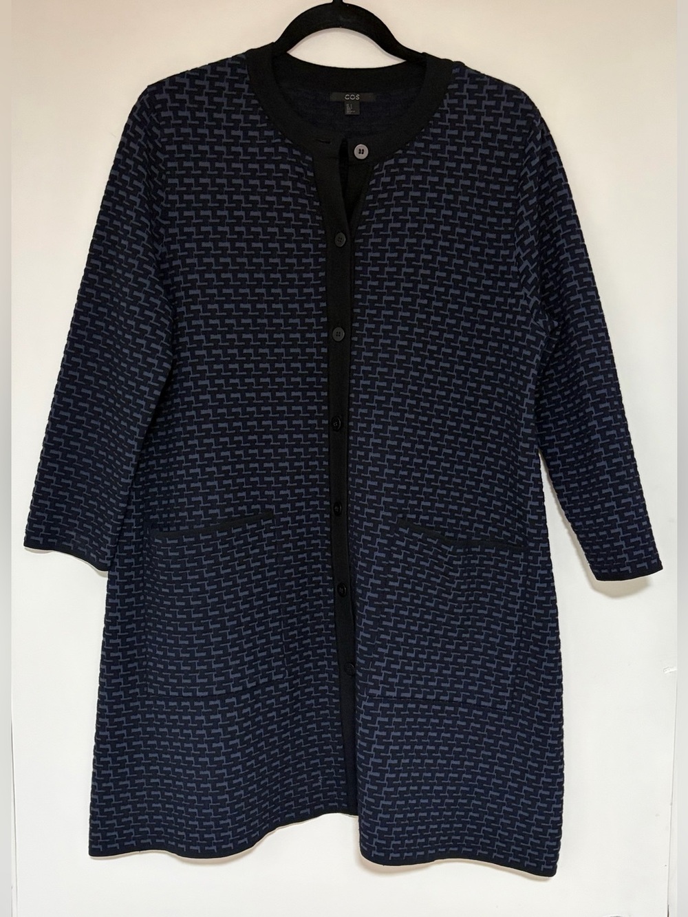 COS Women’s Blue and Black Textured Button Front Cardigan Size Small